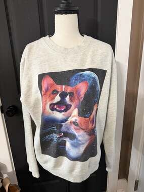 Delta Fleece Two Corgi Moon Cosmic Space Graphic Sweatshirt